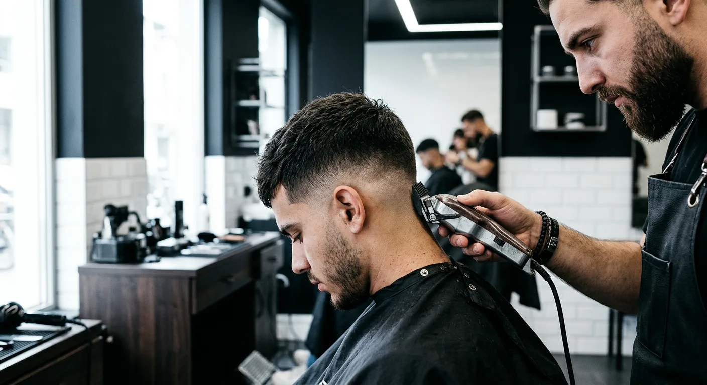 Barbier zet een scherpe fade in bij een klant